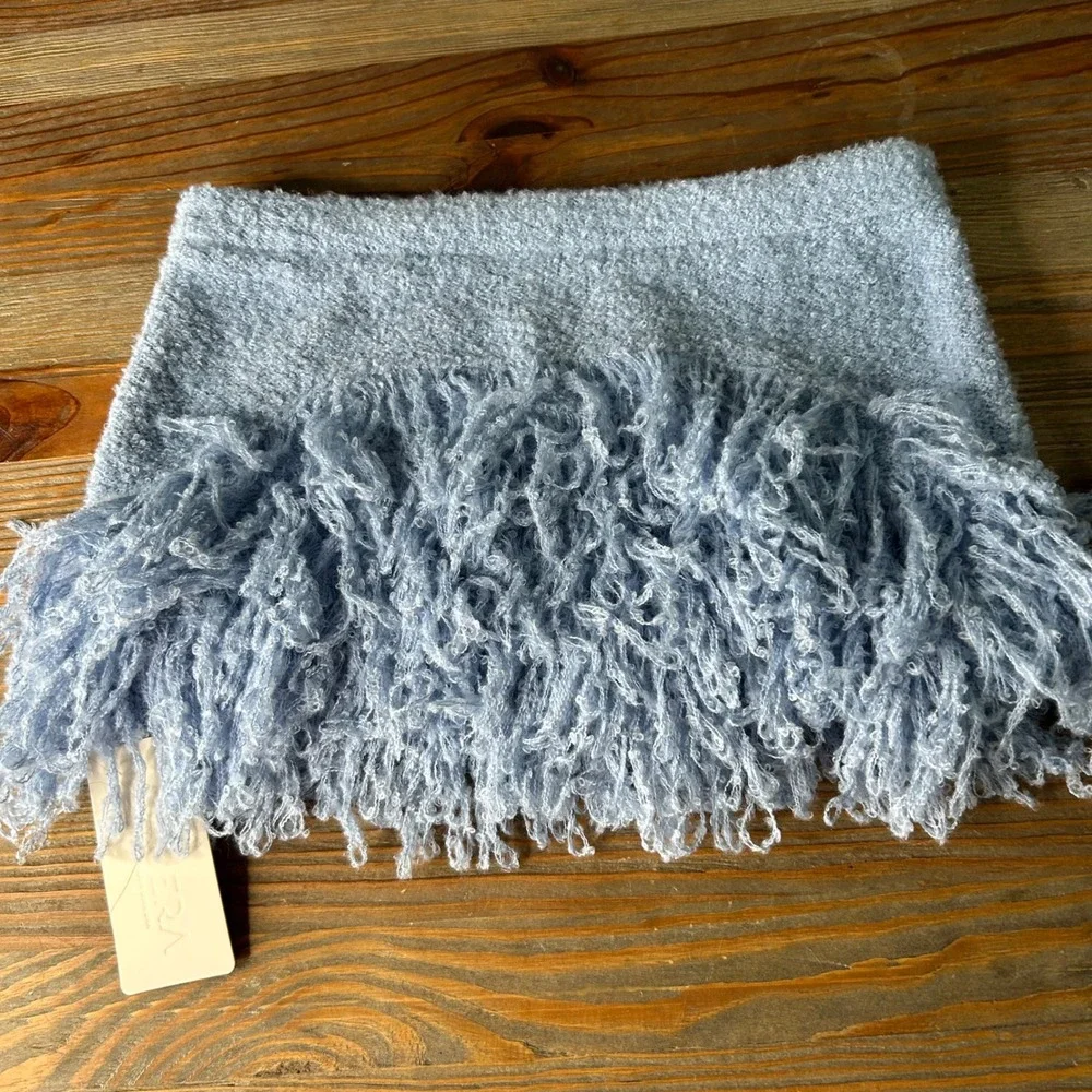 MUSERA Women Baby Blue Knit‎ Fringe Mini Skirt Shaggy Textured Size Small NWT
